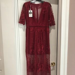 Long maroon lace romper dress